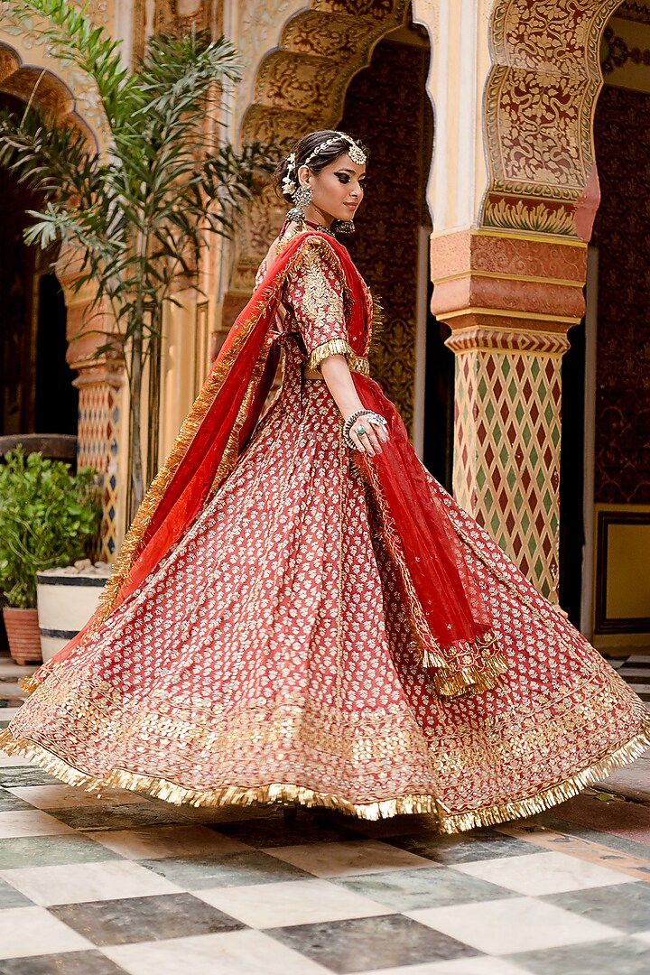 Red Cotton Block Printed Handcrafted Wedding Lehenga Set by GulaboJaipur by Saloni Panwar at Pernia's Pop Up Shop