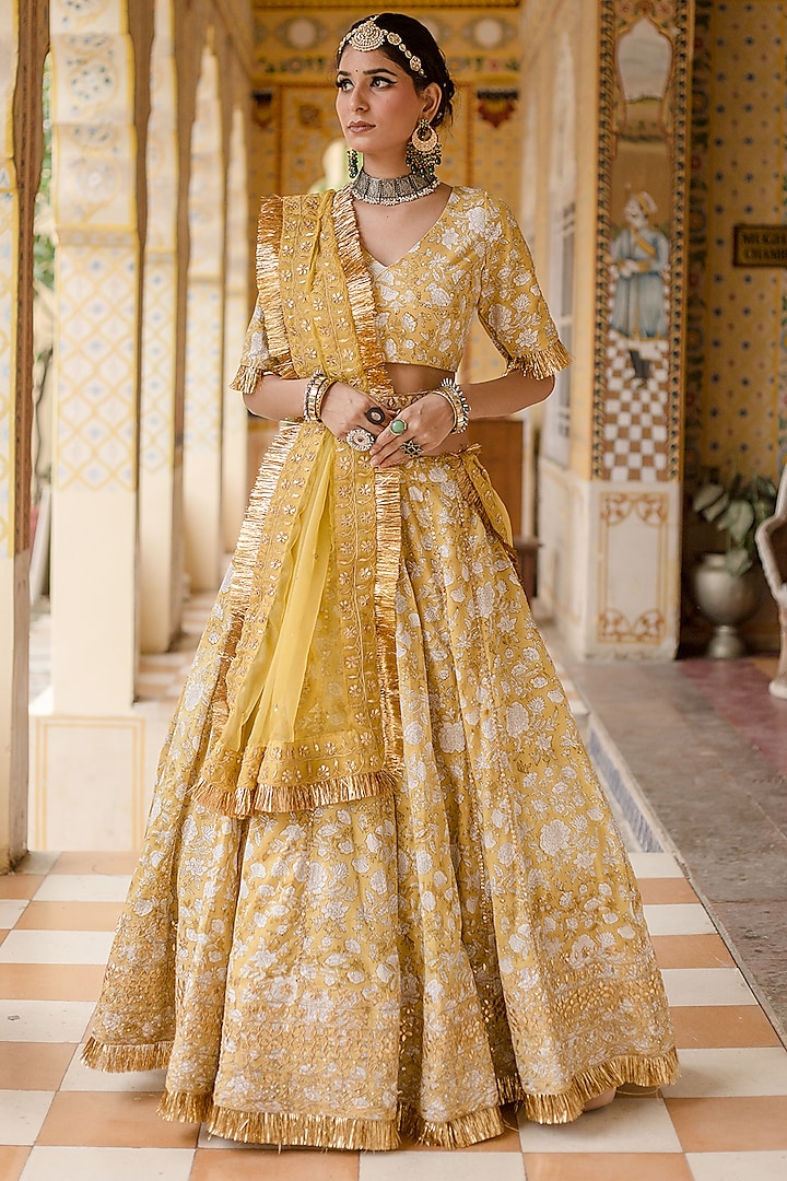 Yellow Cotton Block Printed Handcrafted Wedding Lehenga Set by GulaboJaipur by Saloni Panwar at Pernia's Pop Up Shop