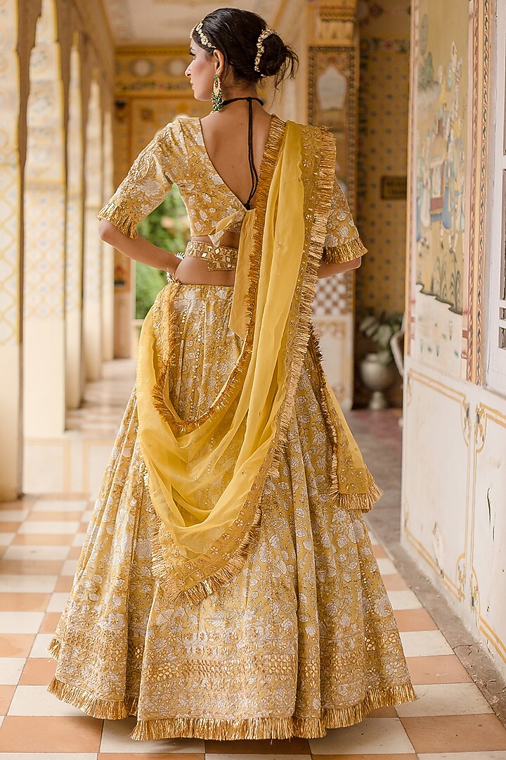 Yellow Cotton Block Printed Handcrafted Wedding Lehenga Set by GulaboJaipur by Saloni Panwar at Pernia's Pop Up Shop