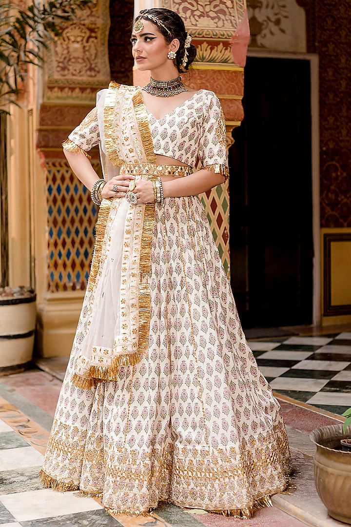 White Cotton Block Printed Handcrafted Wedding Lehenga Set by GulaboJaipur by Saloni Panwar at Pernia's Pop Up Shop