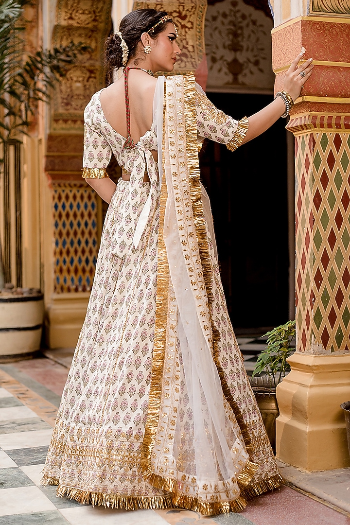 White Cotton Block Printed Handcrafted Wedding Lehenga Set by GulaboJaipur by Saloni Panwar at Pernia's Pop Up Shop