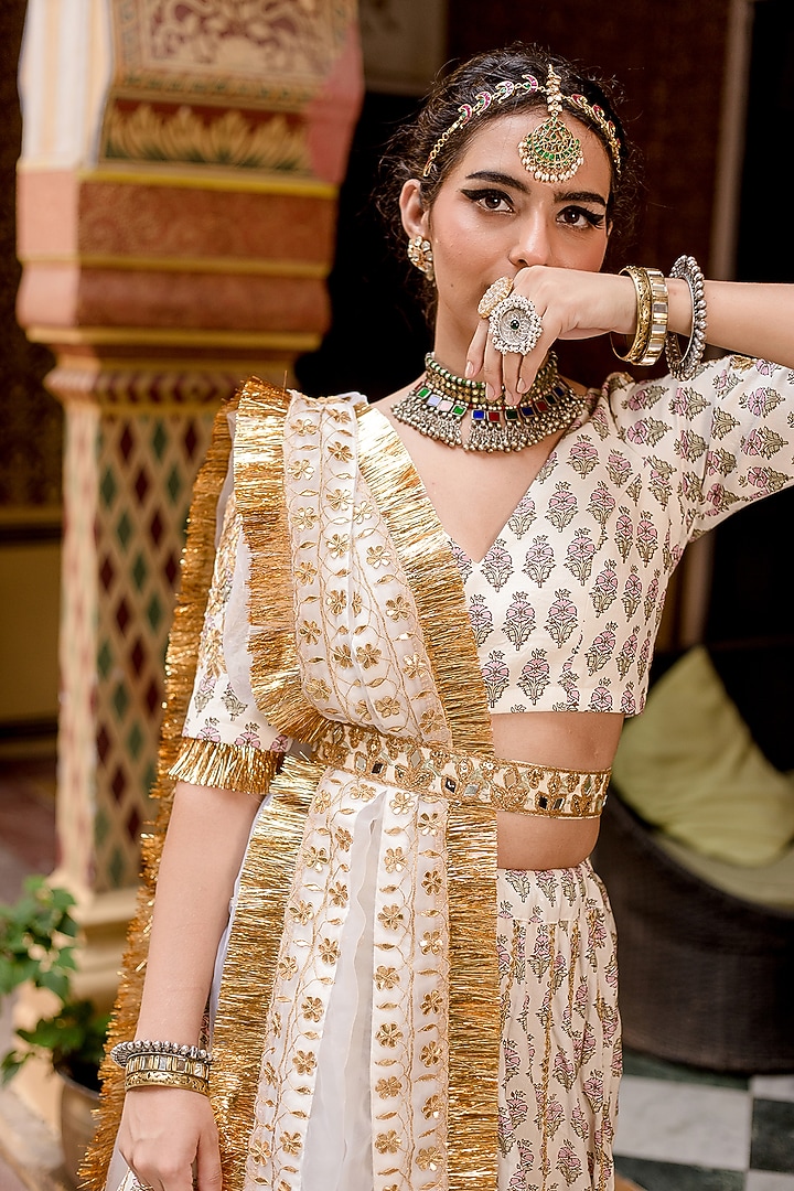 White Cotton Block Printed Handcrafted Wedding Lehenga Set by GulaboJaipur by Saloni Panwar at Pernia's Pop Up Shop
