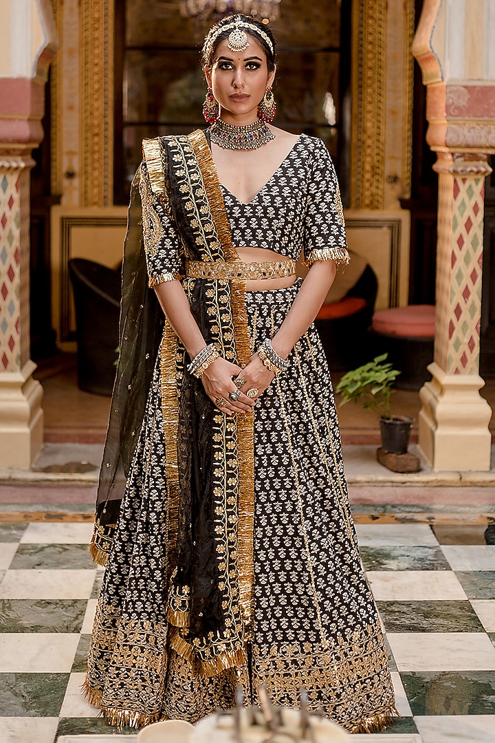 Black Cotton Block Printed Handcrafted Wedding Lehenga Set by GulaboJaipur by Saloni Panwar at Pernia's Pop Up Shop