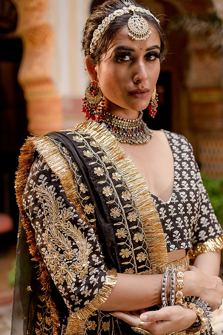 Black Cotton Block Printed Handcrafted Wedding Lehenga Set by GulaboJaipur by Saloni Panwar at Pernia's Pop Up Shop