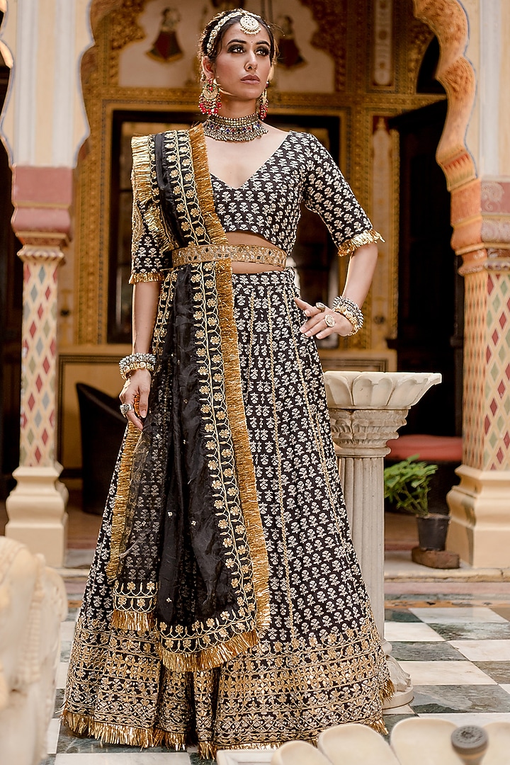 Black Cotton Block Printed Handcrafted Wedding Lehenga Set by GulaboJaipur by Saloni Panwar at Pernia's Pop Up Shop