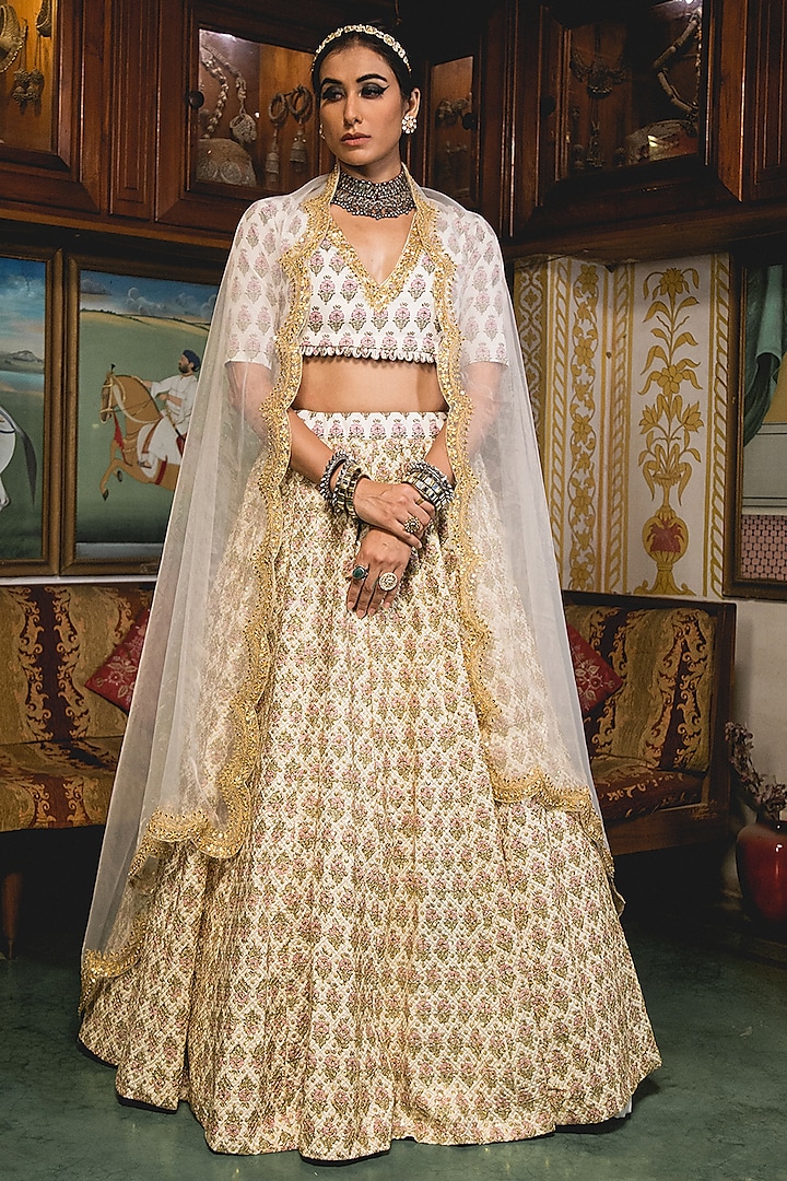 White Cotton Block Printed Wedding Lehenga Set by GulaboJaipur by Saloni Panwar at Pernia's Pop Up Shop