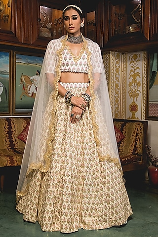 White Cotton Block Printed Lehenga Set by GulaboJaipur by Saloni Panwar