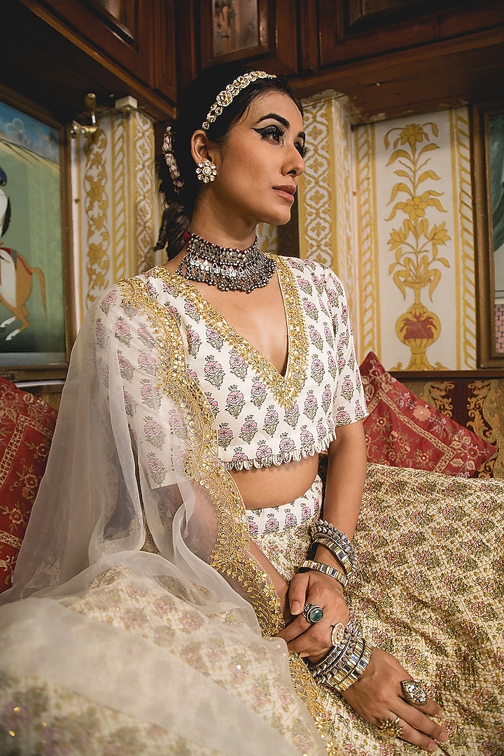 White Cotton Block Printed Wedding Lehenga Set by GulaboJaipur by Saloni Panwar at Pernia's Pop Up Shop