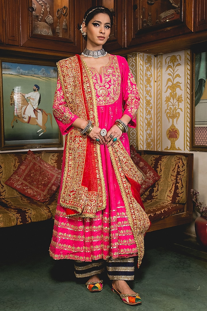 Pink Chanderi Embroidered Handcrafted Anarkali Set by GulaboJaipur by Saloni Panwar