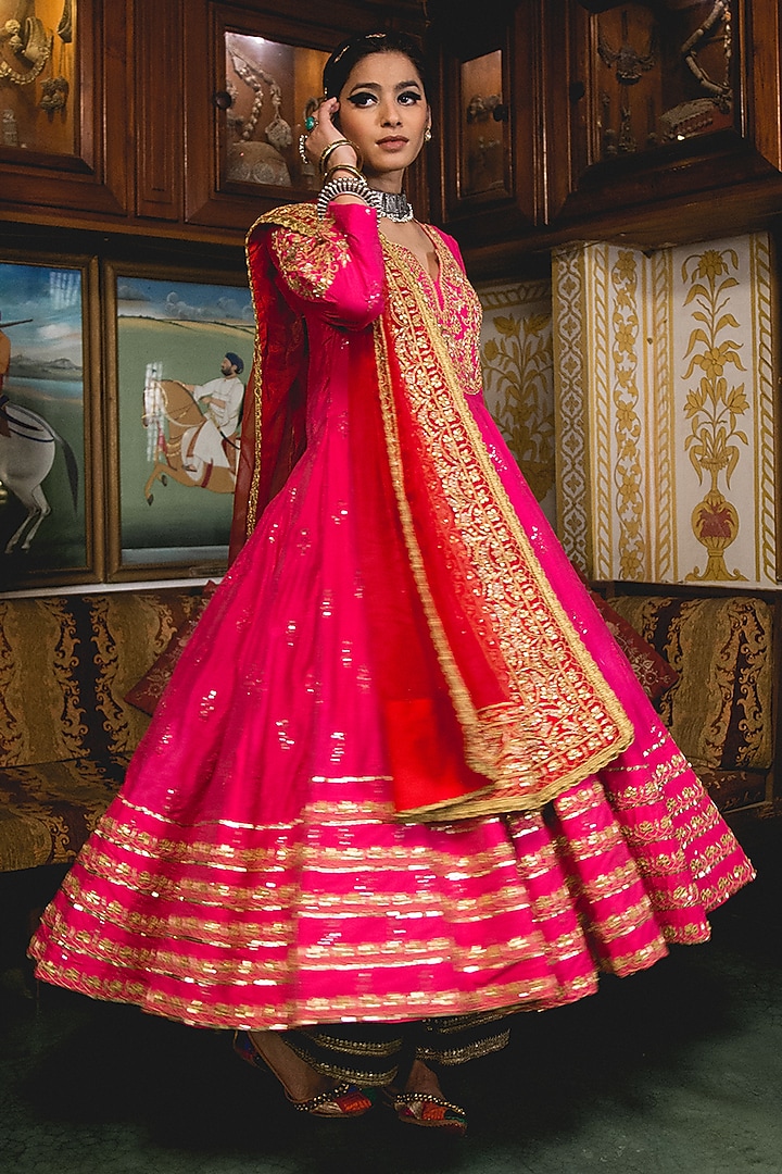 Pink Chanderi Embroidered Handcrafted Bridal Anarkali Set by GulaboJaipur by Saloni Panwar at Pernia's Pop Up Shop