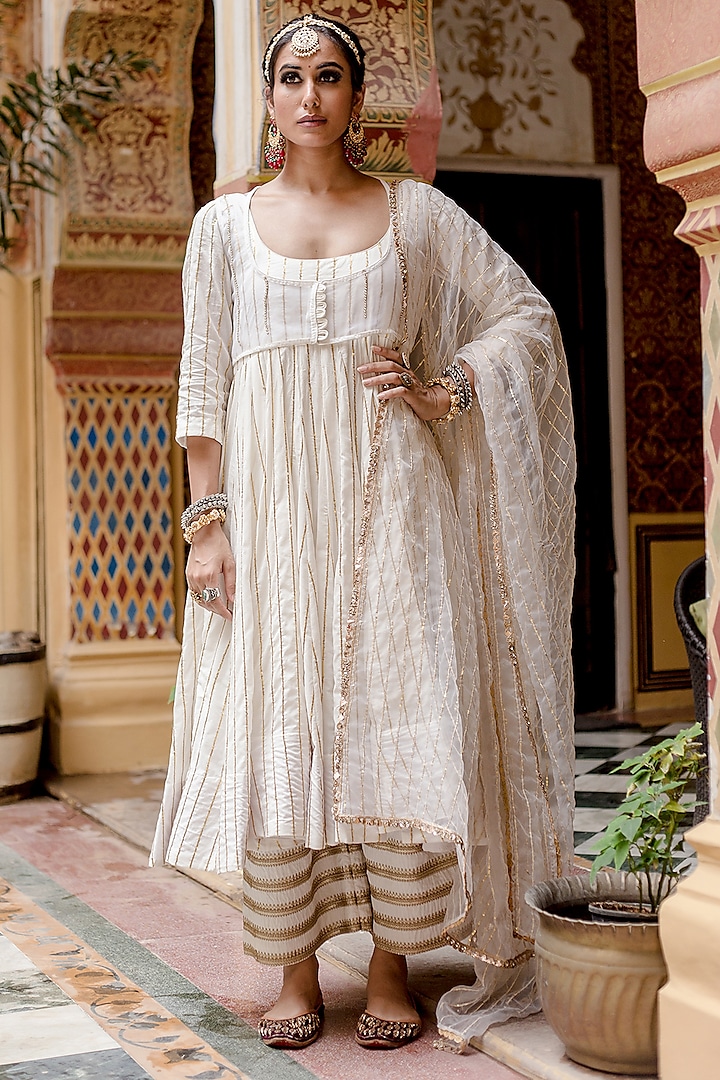 White Cotton Hand Block Printed Anarkali Set by GulaboJaipur by Saloni Panwar