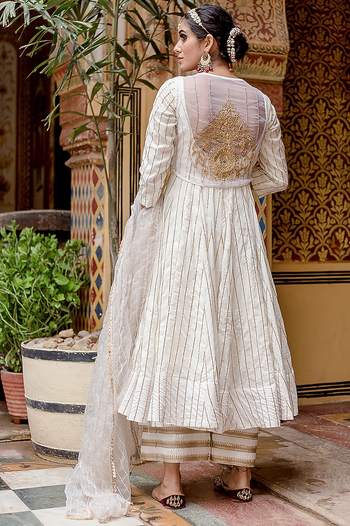 White Cotton Hand Block Printed Wedding Anarkali Set by GulaboJaipur by Saloni Panwar at Pernia's Pop Up Shop