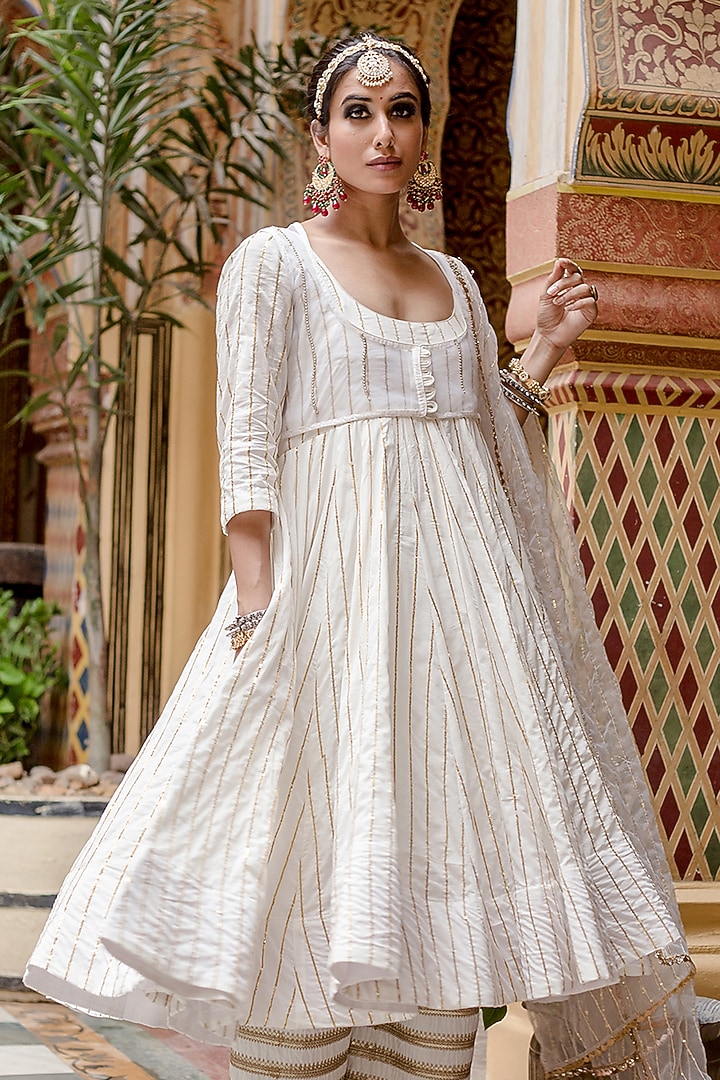 White Cotton Hand Block Printed Wedding Anarkali Set by GulaboJaipur by Saloni Panwar at Pernia's Pop Up Shop