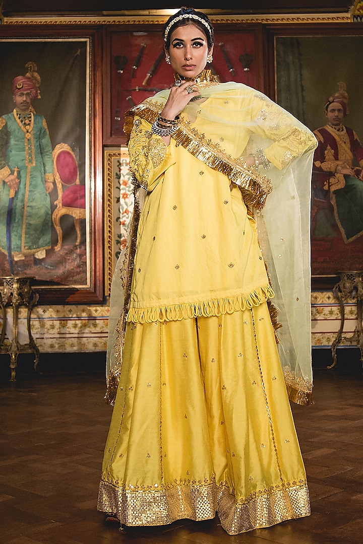 Yellow Chanderi Embroidered Sharara Set by GulaboJaipur by Saloni Panwar