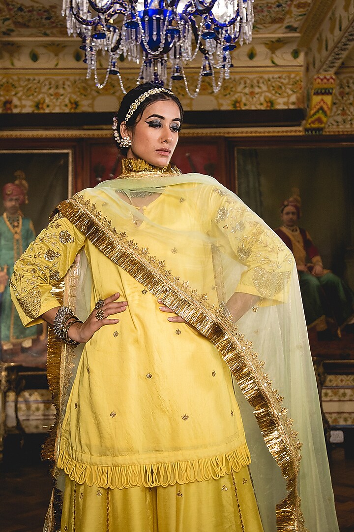 Yellow Chanderi Embroidered Bridal Sharara Set by GulaboJaipur by Saloni Panwar at Pernia's Pop Up Shop