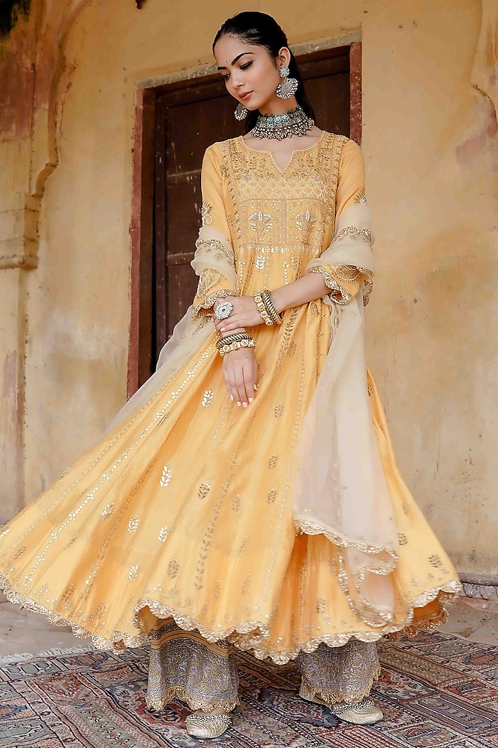 Mustard Chanderi Gota Patti Kurta Set by GulaboJaipur by Saloni Panwar at Pernia's Pop Up Shop