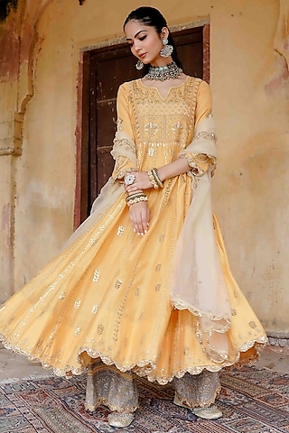 Mustard Chanderi Gota Patti Kurta Set by GulaboJaipur by Saloni Panwar
