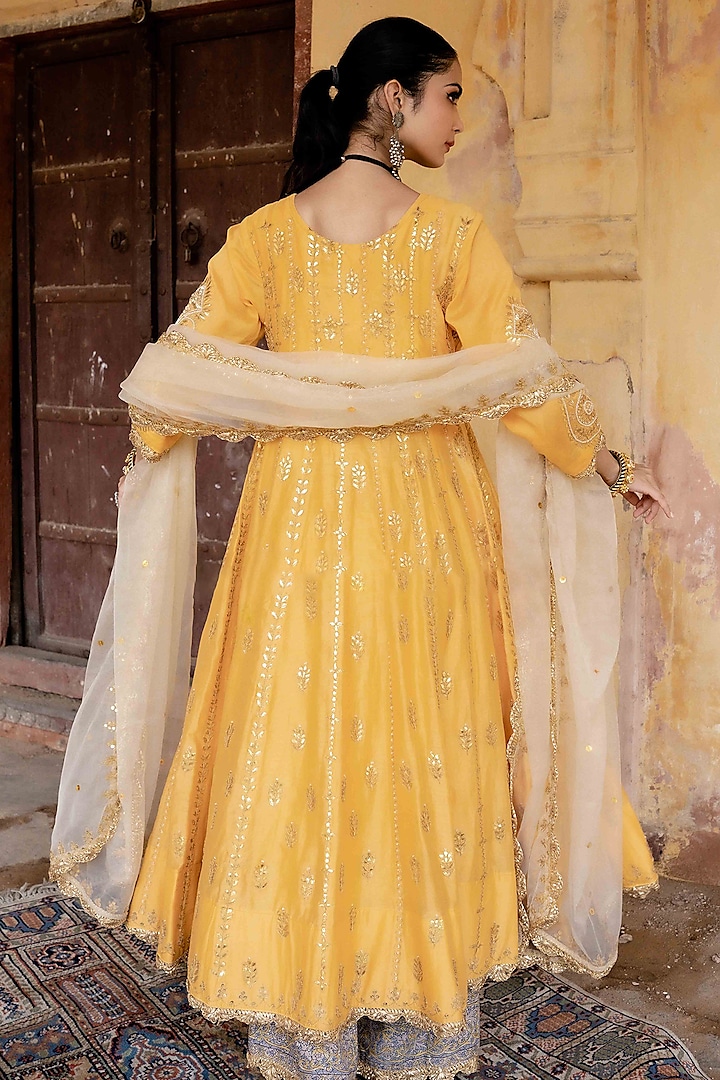Mustard Chanderi Gota Patti Kurta Set by GulaboJaipur by Saloni Panwar at Pernia's Pop Up Shop