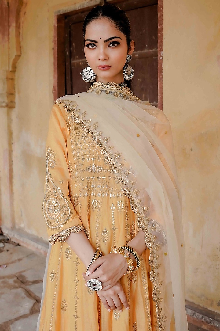 Mustard Chanderi Gota Patti Kurta Set by GulaboJaipur by Saloni Panwar at Pernia's Pop Up Shop
