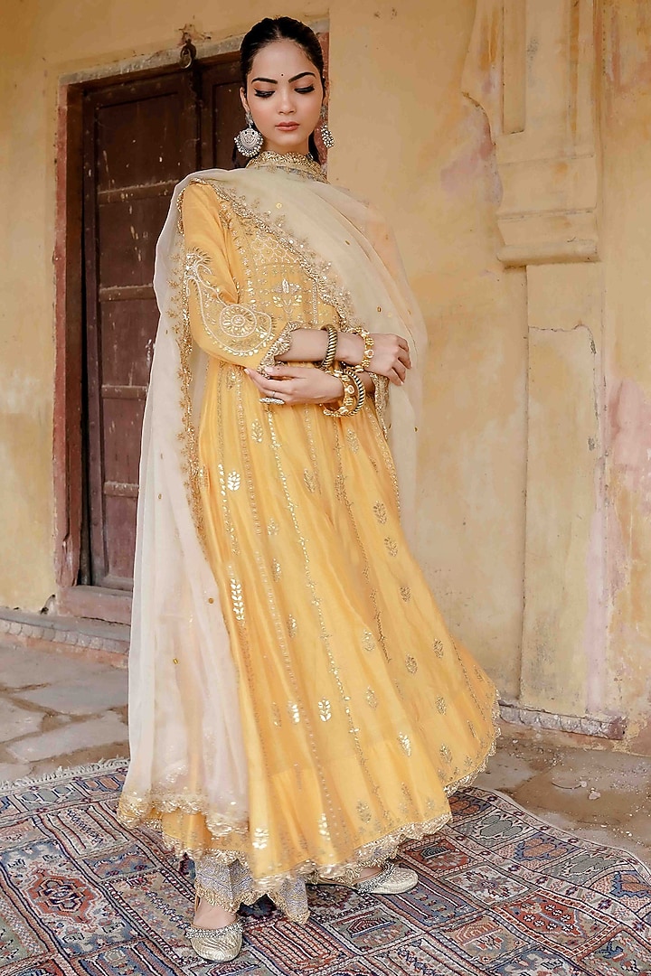Mustard Chanderi Gota Patti Kurta Set by GulaboJaipur by Saloni Panwar at Pernia's Pop Up Shop