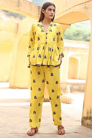 Yellow Cotton Modal Pants by GulaboJaipur by Saloni Panwar
