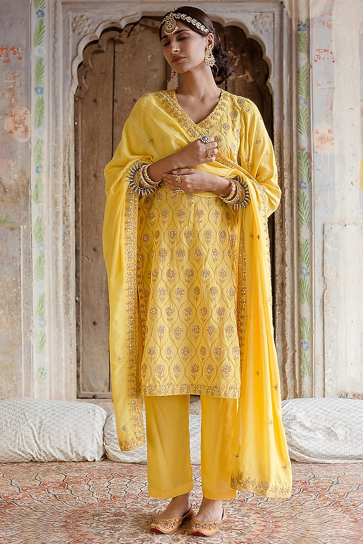 Yellow Embroidered Kurta Set by GulaboJaipur by Saloni Panwar at Pernia's Pop Up Shop