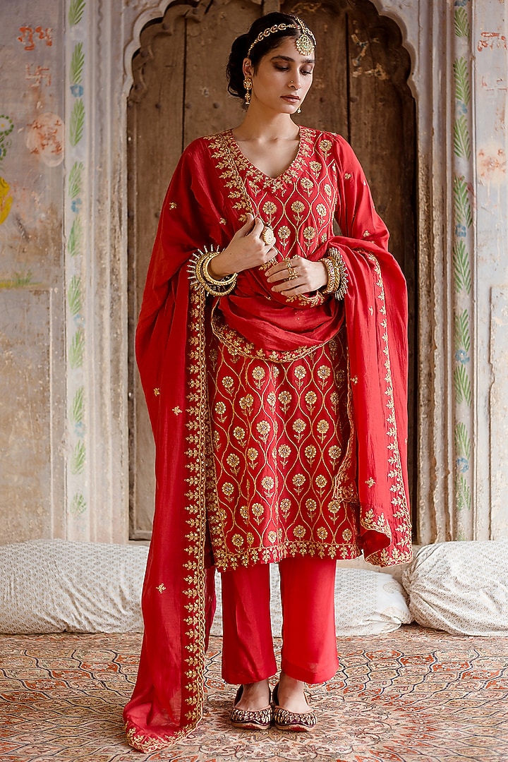Red Embroidered Kurta Set by GulaboJaipur by Saloni Panwar at Pernia's Pop Up Shop