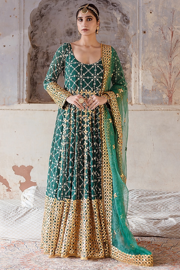 Green Embroidered Gown With Dupatta by GulaboJaipur by Saloni Panwar at Pernia's Pop Up Shop