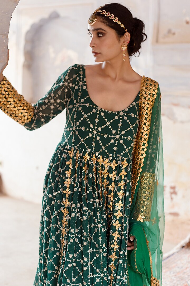 Green Embroidered Engagement Gown With Dupatta by GulaboJaipur by Saloni Panwar at Pernia's Pop Up Shop