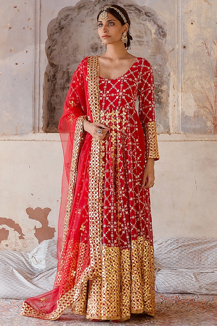 Red Embroidered Gown With Dupatta by GulaboJaipur by Saloni Panwar at Pernia's Pop Up Shop