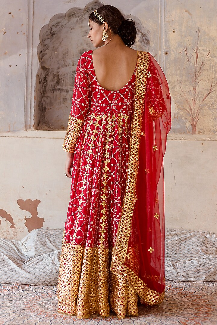 Red Embroidered Engagement Gown With Dupatta by GulaboJaipur by Saloni Panwar at Pernia's Pop Up Shop