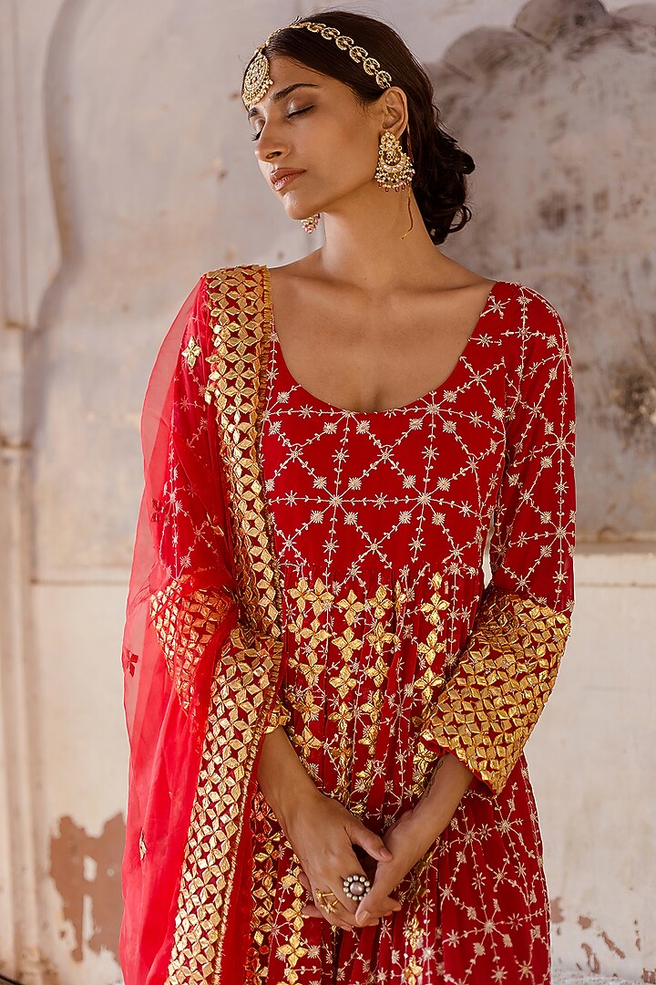Red Embroidered Engagement Gown With Dupatta by GulaboJaipur by Saloni Panwar at Pernia's Pop Up Shop