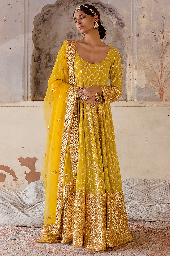 Yellow Embroidered Gown With Dupatta by GulaboJaipur by Saloni Panwar at Pernia's Pop Up Shop