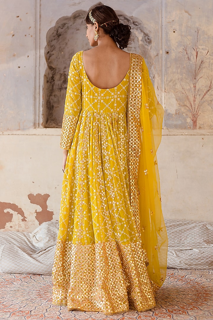 Yellow Embroidered Engagement Gown With Dupatta by GulaboJaipur by Saloni Panwar at Pernia's Pop Up Shop