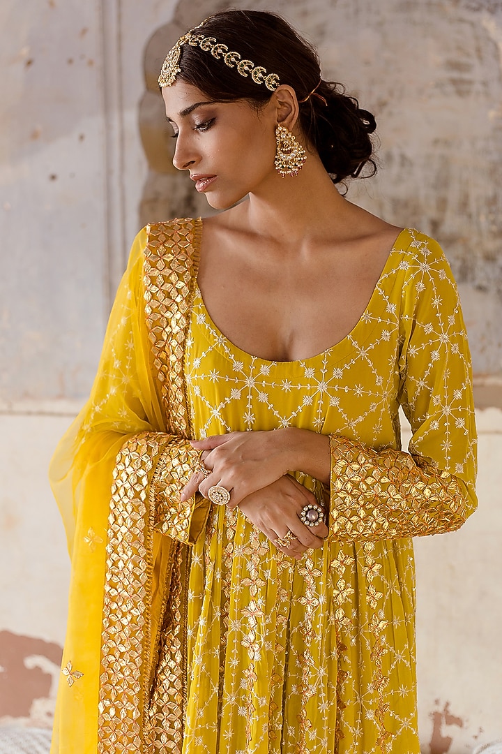 Yellow Embroidered Engagement Gown With Dupatta by GulaboJaipur by Saloni Panwar at Pernia's Pop Up Shop