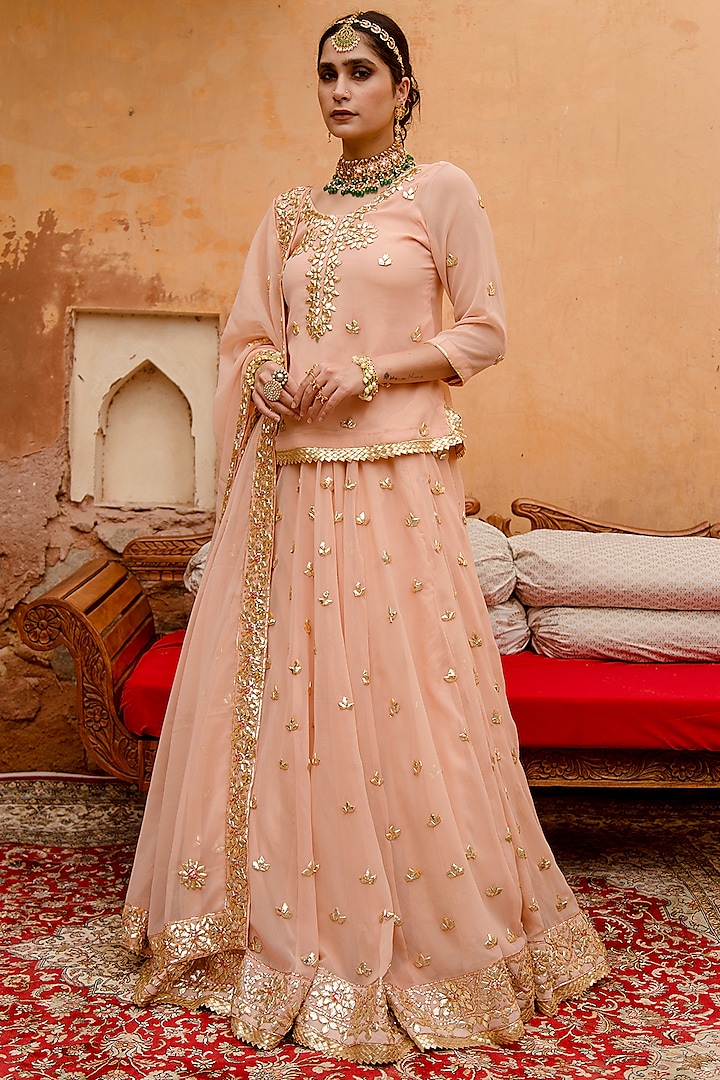 Peach Georgette Embellished Wedding Lehenga Set by GulaboJaipur by Saloni Panwar at Pernia's Pop Up Shop