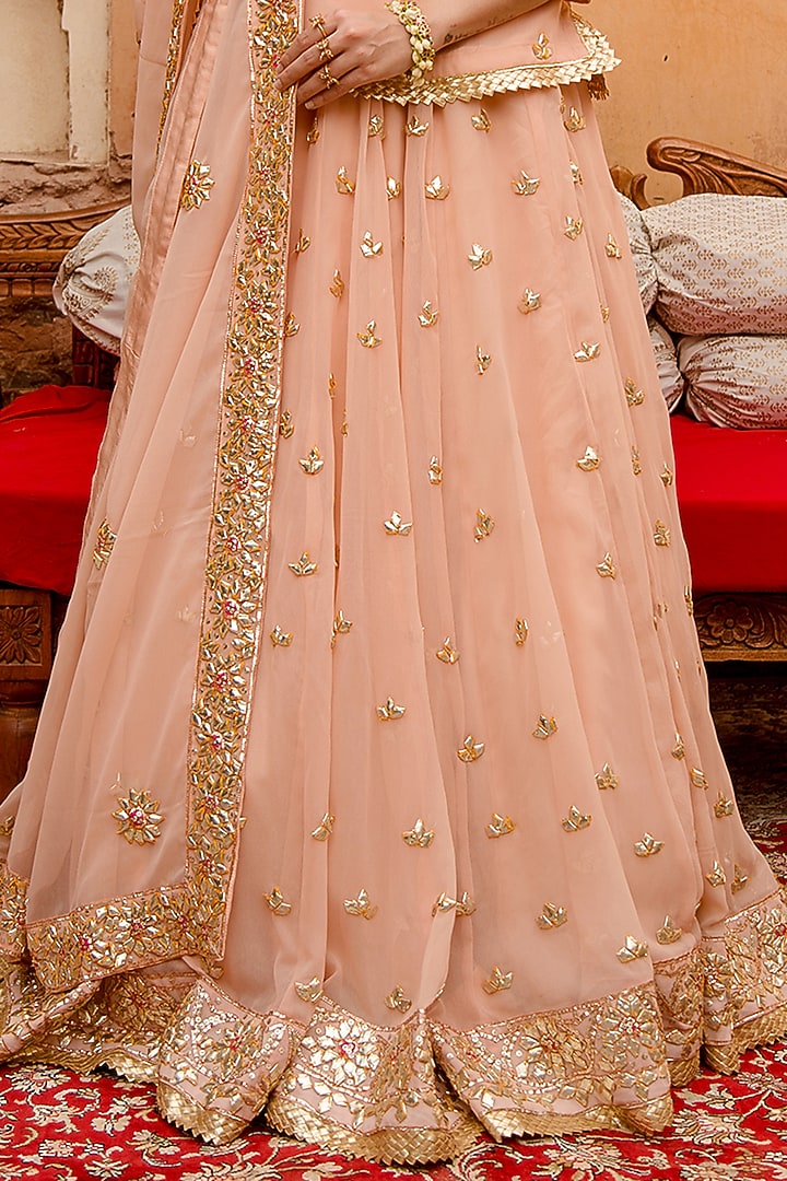 Peach Georgette Embellished Wedding Lehenga Set by GulaboJaipur by Saloni Panwar at Pernia's Pop Up Shop