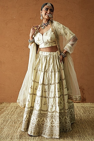 Ivory Chanderi Floral Motif Embellished Lehenga Set by GulaboJaipur by Saloni Panwar