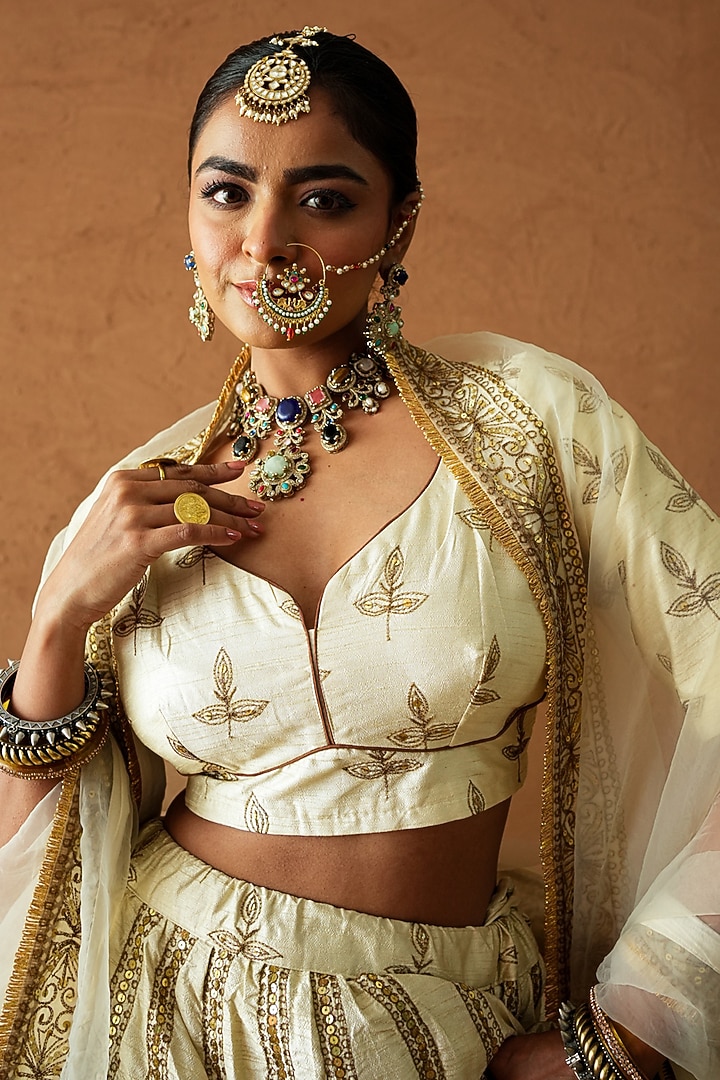 Ivory Chanderi Floral Motif Embellished Wedding Lehenga Set by GulaboJaipur by Saloni Panwar at Pernia's Pop Up Shop