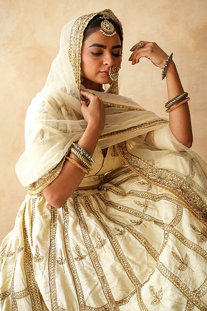Ivory Chanderi Floral Motif Embellished Wedding Lehenga Set by GulaboJaipur by Saloni Panwar at Pernia's Pop Up Shop