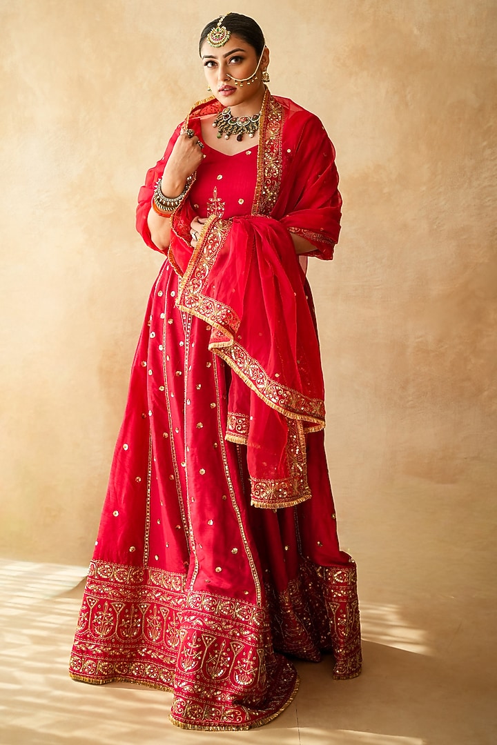 Red Chanderi Sequins Embellished Wedding Lehenga Set by GulaboJaipur by Saloni Panwar at Pernia's Pop Up Shop