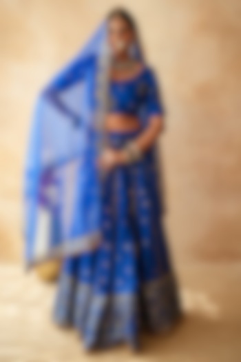Blue Chanderi Sequins Embellished Wedding Lehenga Set by GulaboJaipur by Saloni Panwar at Pernia's Pop Up Shop