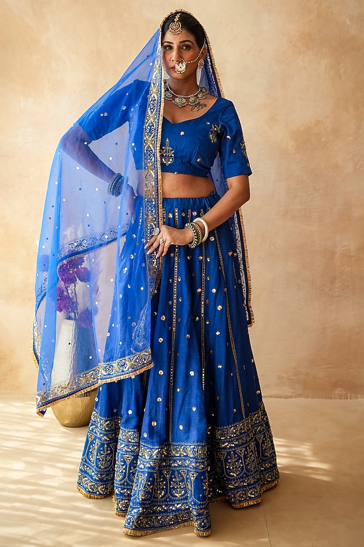 Blue Chanderi Sequins Embellished Wedding Lehenga Set by GulaboJaipur by Saloni Panwar at Pernia's Pop Up Shop