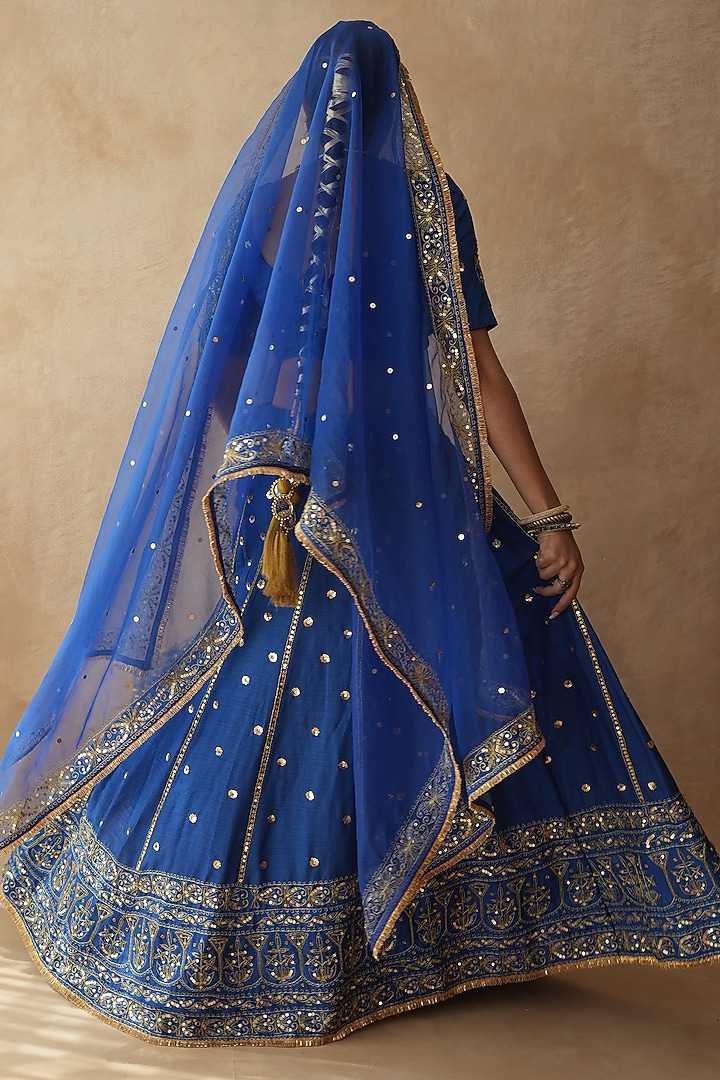 Blue Chanderi Sequins Embellished Wedding Lehenga Set by GulaboJaipur by Saloni Panwar at Pernia's Pop Up Shop