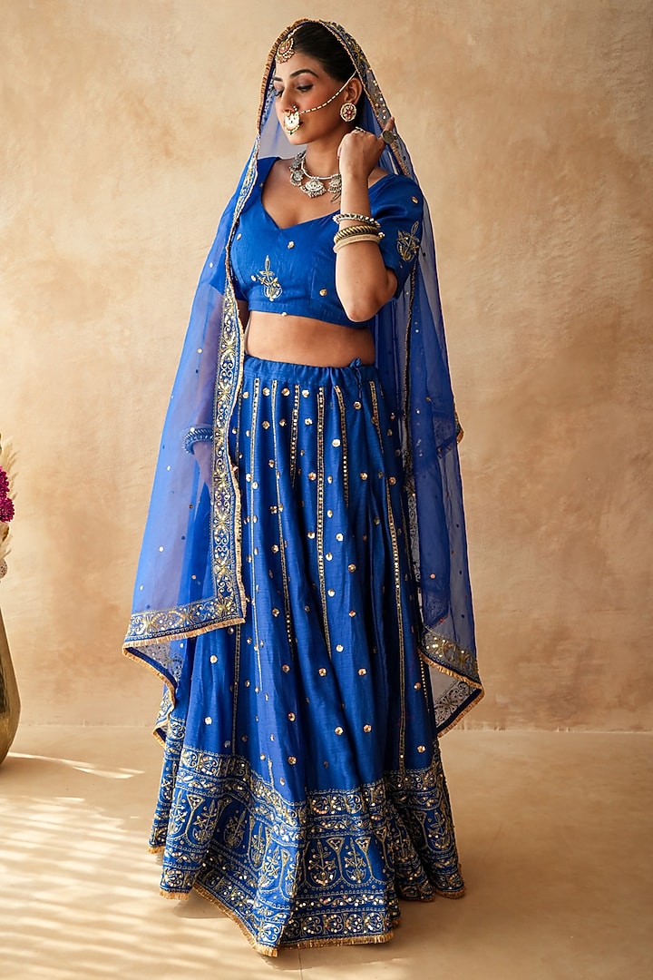Blue Chanderi Sequins Embellished Wedding Lehenga Set by GulaboJaipur by Saloni Panwar at Pernia's Pop Up Shop
