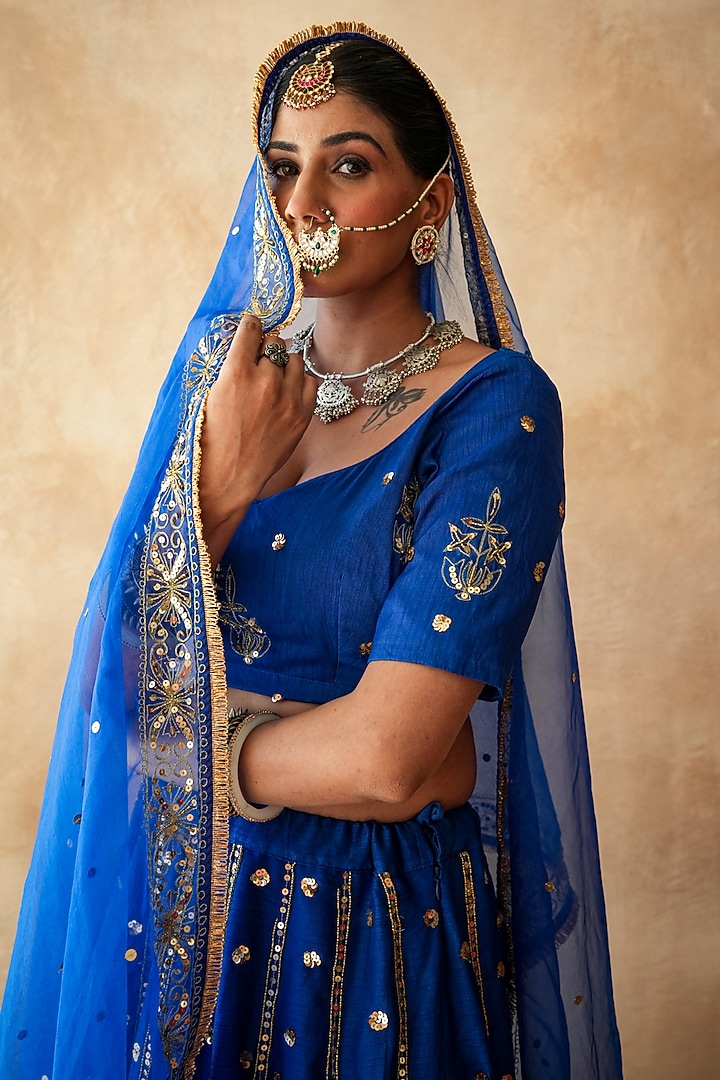 Blue Chanderi Sequins Embellished Wedding Lehenga Set by GulaboJaipur by Saloni Panwar at Pernia's Pop Up Shop