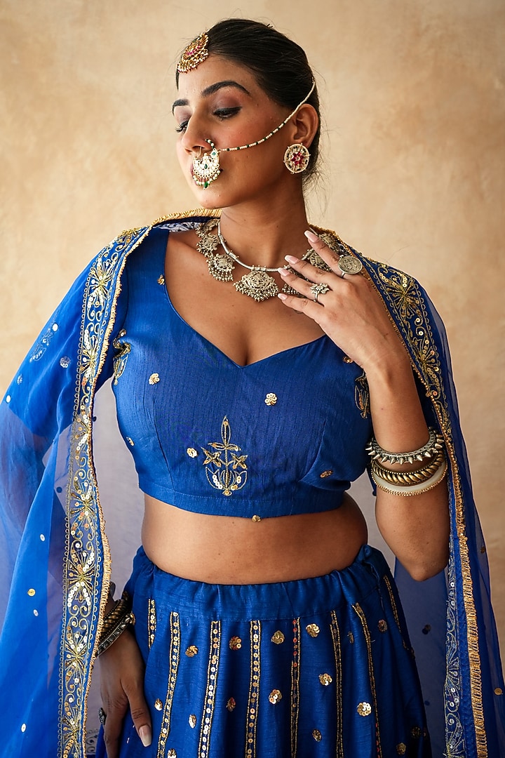 Blue Chanderi Sequins Embellished Wedding Lehenga Set by GulaboJaipur by Saloni Panwar at Pernia's Pop Up Shop