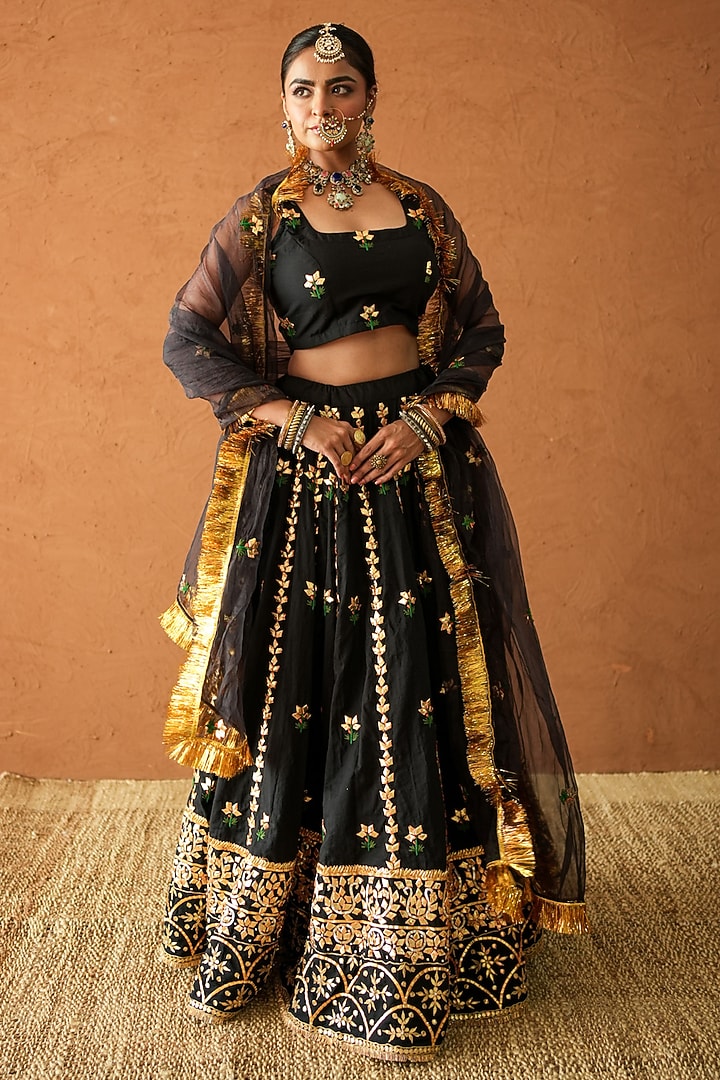Black Chanderi Metallic Hand Embroidered Wedding Lehenga Set by GulaboJaipur by Saloni Panwar at Pernia's Pop Up Shop