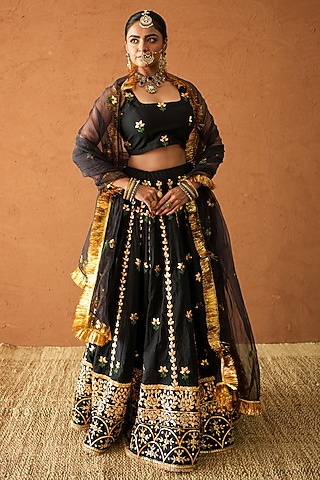 Black Chanderi Metallic Hand Embroidered Lehenga Set by GulaboJaipur by Saloni Panwar