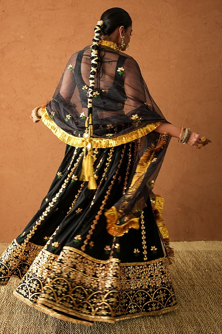Black Chanderi Metallic Hand Embroidered Wedding Lehenga Set by GulaboJaipur by Saloni Panwar at Pernia's Pop Up Shop